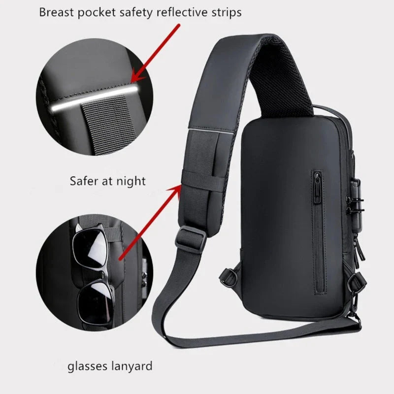 Fashion Men Sling Bag Pack with Lock Waterproof -Theft Chest Bag with USB Charging