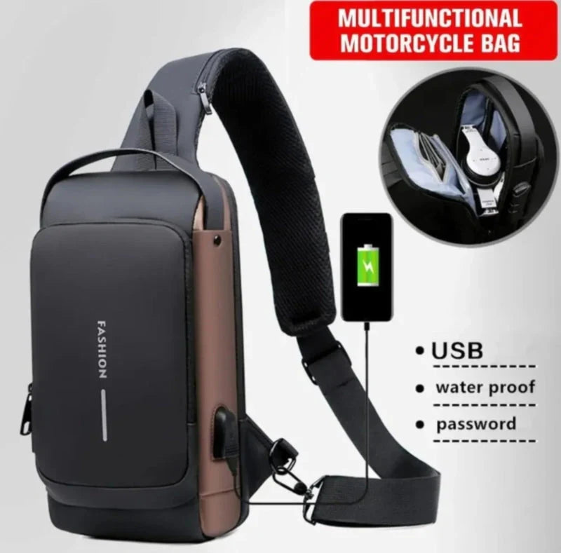 Fashion Men Sling Bag Pack with Lock Waterproof -Theft Chest Bag with USB Charging